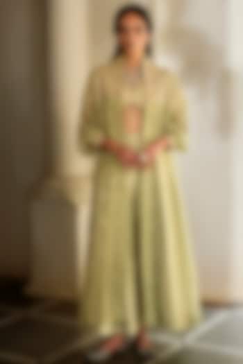 Pista Green Jamawar Jacquard Embroidered Jacket Set by Paulmi & Harsh at Pernia's Pop Up Shop