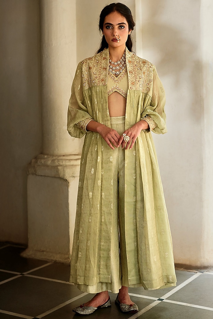 Pista Green Jamawar Jacquard Embroidered Jacket Set by Paulmi & Harsh at Pernia's Pop Up Shop