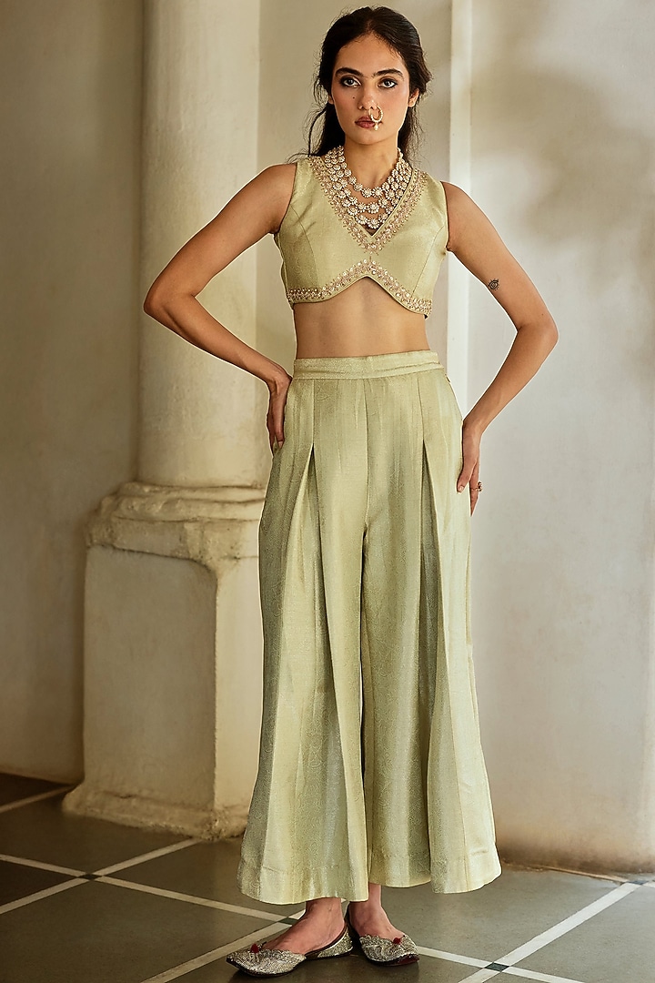 Pista Green Jamawar Jacquard Embroidered Jacket Set by Paulmi & Harsh at Pernia's Pop Up Shop
