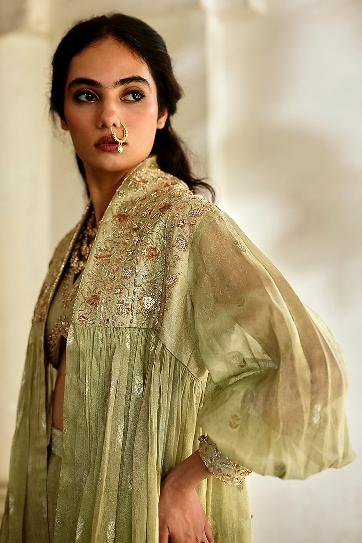 Pista Green Jamawar Jacquard Embroidered Jacket Set by Paulmi & Harsh at Pernia's Pop Up Shop