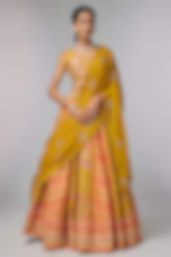 Yellow Chiniya Silk Floral Printed Bridal Lehenga Set by Paulmi & Harsh at Pernia's Pop Up Shop