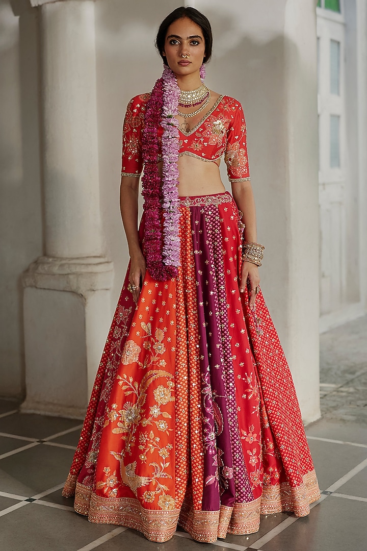 Multi-Colored Chiniya Silk Sequins Embellished Kalidar Bridal Lehenga Set by Paulmi & Harsh at Pernia's Pop Up Shop