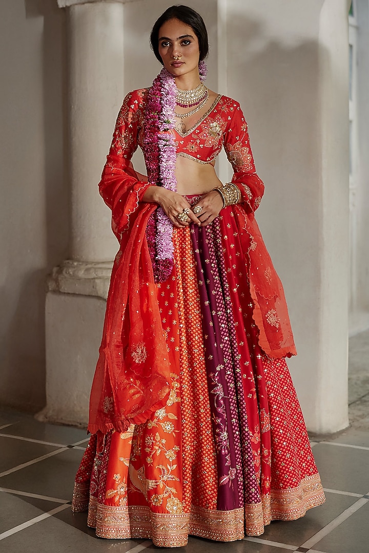 Multi-Colored Chiniya Silk Sequins Embellished Kalidar Bridal Lehenga Set by Paulmi & Harsh at Pernia's Pop Up Shop
