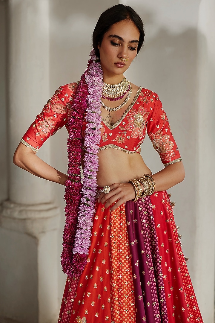 Multi-Colored Chiniya Silk Sequins Embellished Kalidar Bridal Lehenga Set by Paulmi & Harsh at Pernia's Pop Up Shop