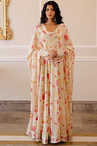 Off-White Printed Anarkali Set by Paulmi & Harsh