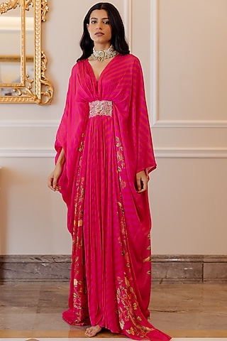 Hot Pink Leheriya Printed Kaftan With Inner by Paulmi & Harsh