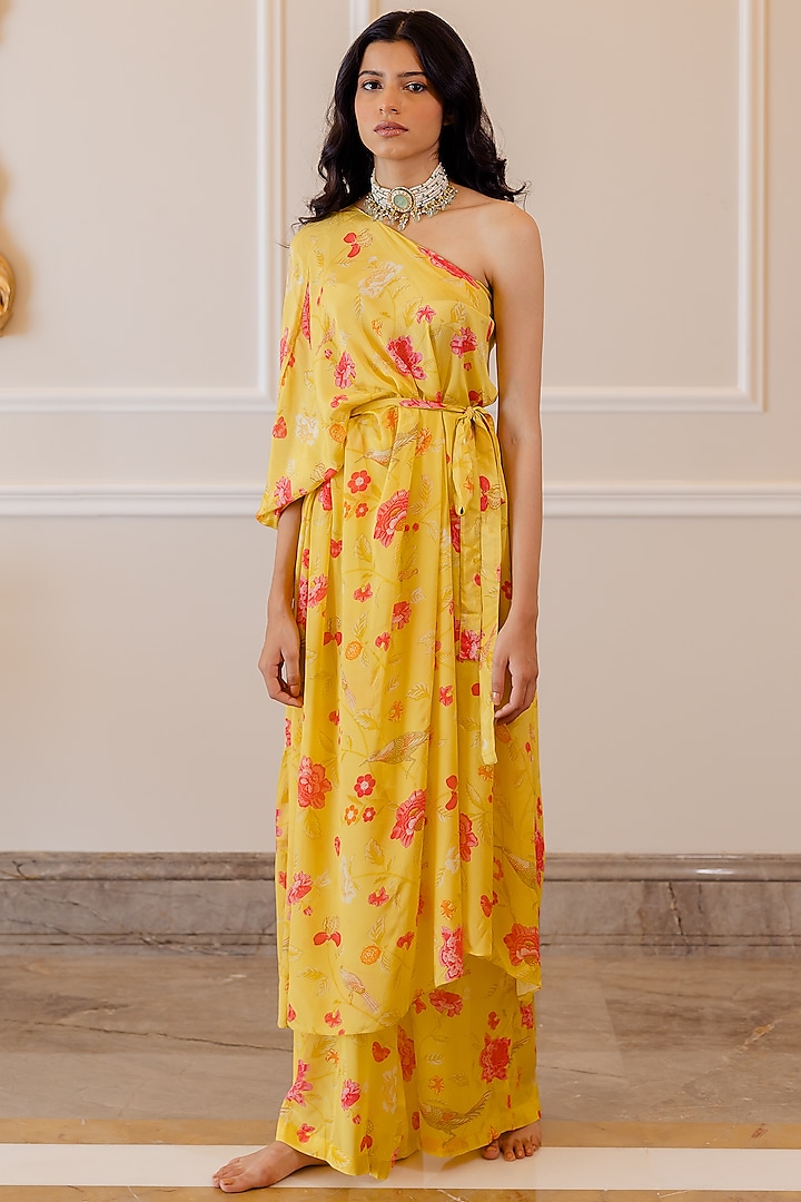 Sunshine Yellow Floral Printed One-Shoulder Draped Kurta Set by Paulmi & Harsh