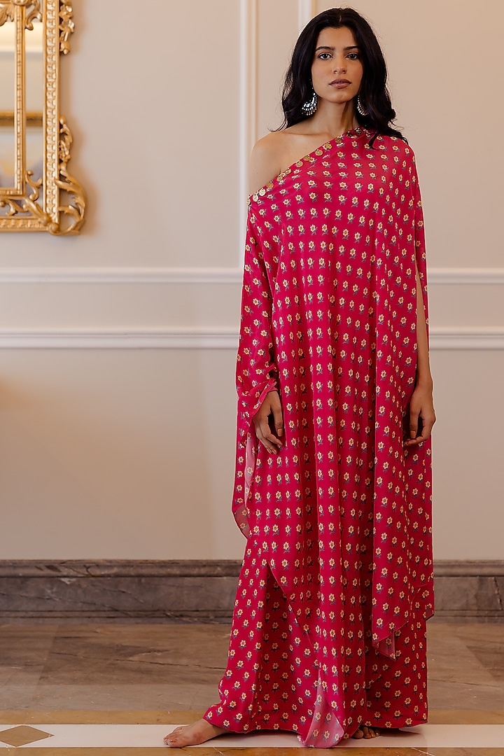 Hot Pink Cotton Silk One-Shoulder Kurta Set by Paulmi & Harsh