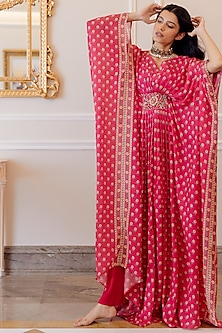 Hot Pink Cotton Silk Kaftan With Inner by Paulmi & Harsh-WEDDING KAFTANS