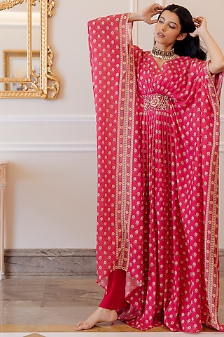 Hot Pink Cotton Silk Kaftan With Inner by Paulmi & Harsh