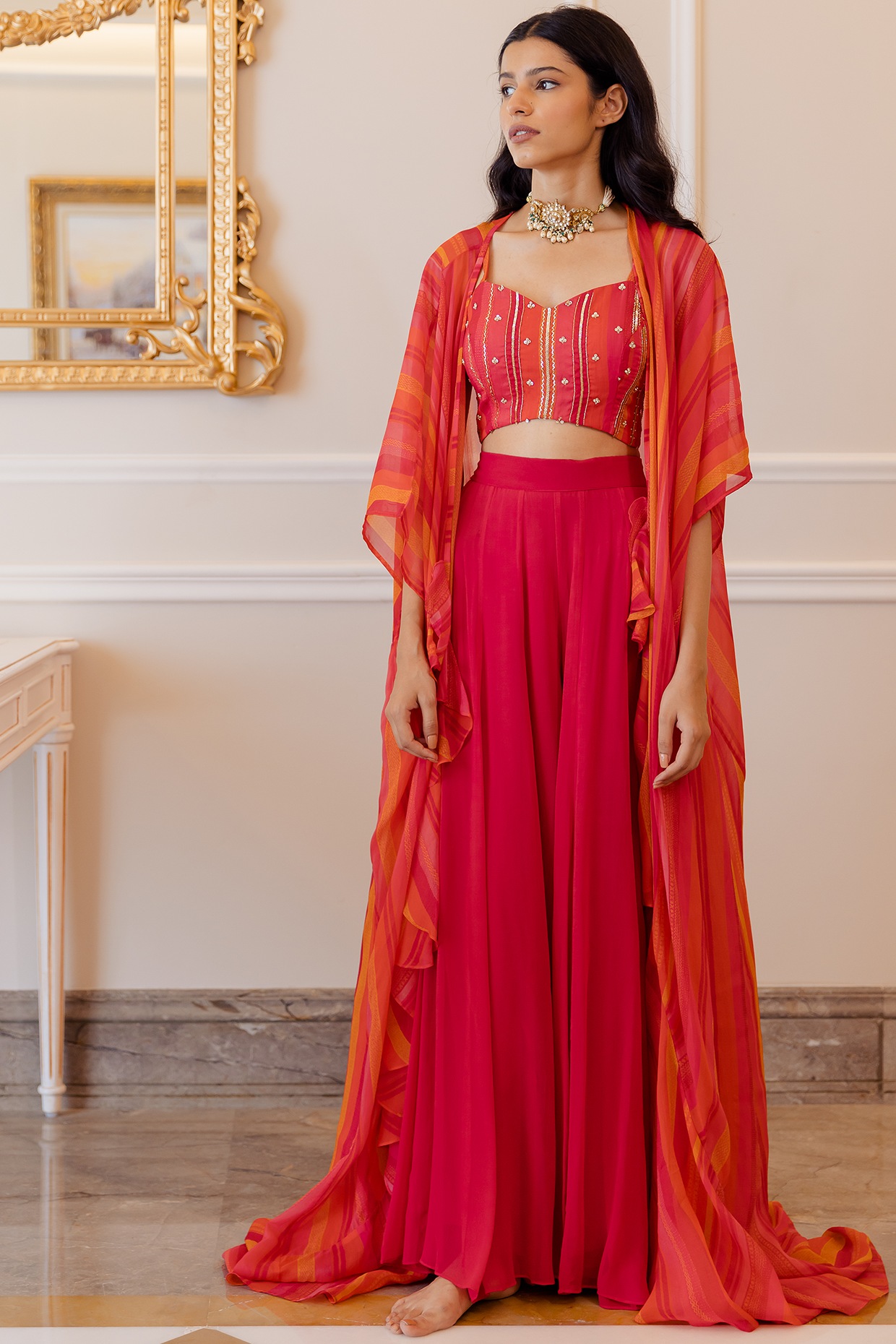 Cherry Red Organza Jacket Set Design by 
