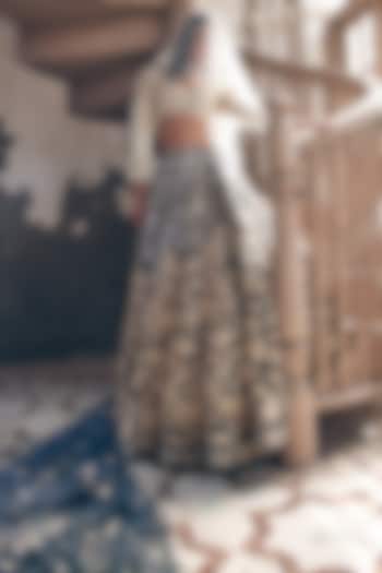 Black Tussar Silk Printed & Embroidered Bridal Lehenga Set by Paulmi & Harsh at Pernia's Pop Up Shop