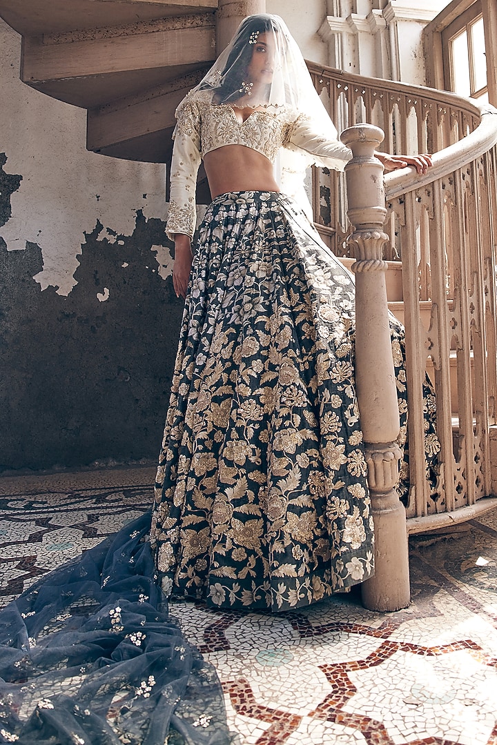 Black Tussar Silk Printed & Embroidered Bridal Lehenga Set by Paulmi & Harsh at Pernia's Pop Up Shop