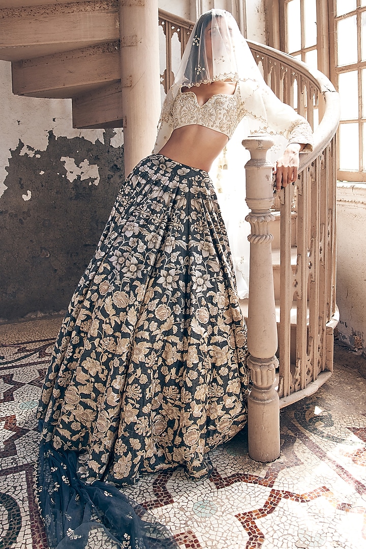 Black Tussar Silk Printed & Embroidered Bridal Lehenga Set by Paulmi & Harsh at Pernia's Pop Up Shop