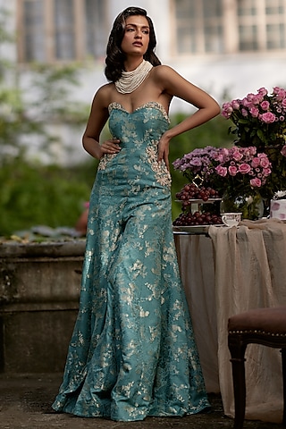 Ice Blue Russian Jacquard Floral Embellished Jumpsuit by Paulmi & Harsh