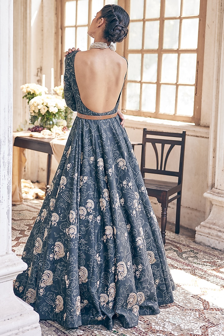 Black Chiniya Silk Deer Printed Bridal Anarkali With Overcoat by Paulmi & Harsh at Pernia's Pop Up Shop