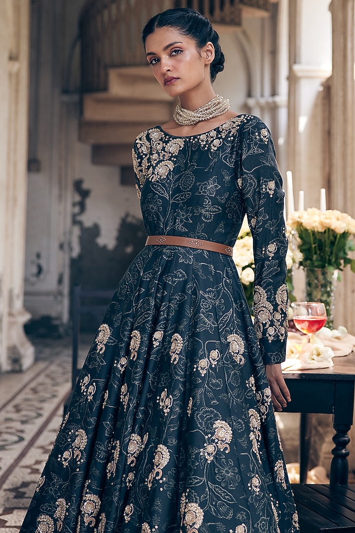 Black Chiniya Silk Deer Printed Bridal Anarkali With Overcoat by Paulmi & Harsh at Pernia's Pop Up Shop