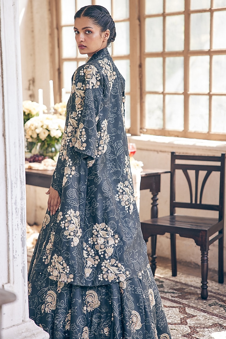 Black Chiniya Silk Deer Printed Bridal Anarkali With Overcoat by Paulmi & Harsh at Pernia's Pop Up Shop