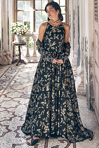 Black Russian Jacquard Self Woven Jumpsuit With Overlay by Paulmi & Harsh
