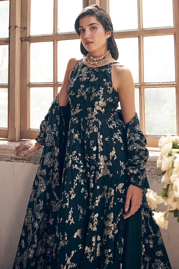 Black Russian Jacquard Self Woven Jumpsuit With Overlay by Paulmi & Harsh at Pernia's Pop Up Shop