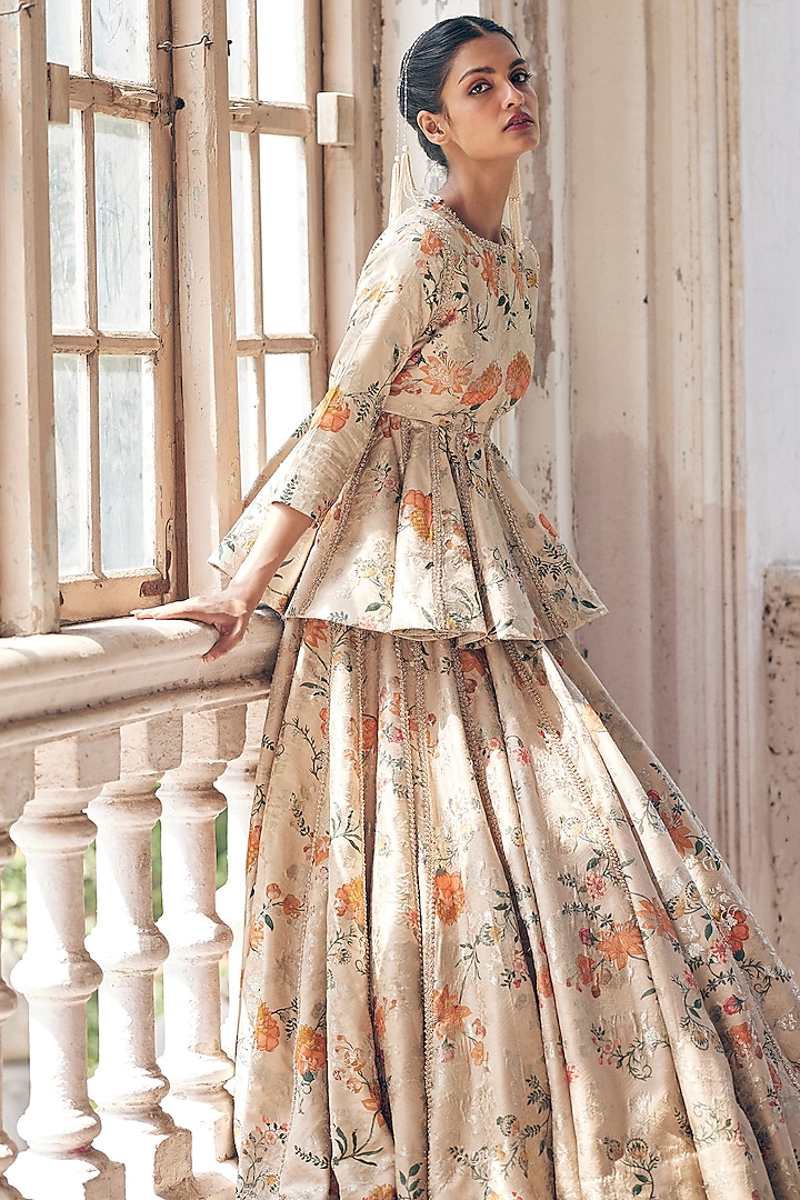 Chikoo Color Russian Jacquard Self Woven Printed & Hand Embroidered Wedding Lehenga Set by Paulmi & Harsh at Pernia's Pop Up Shop