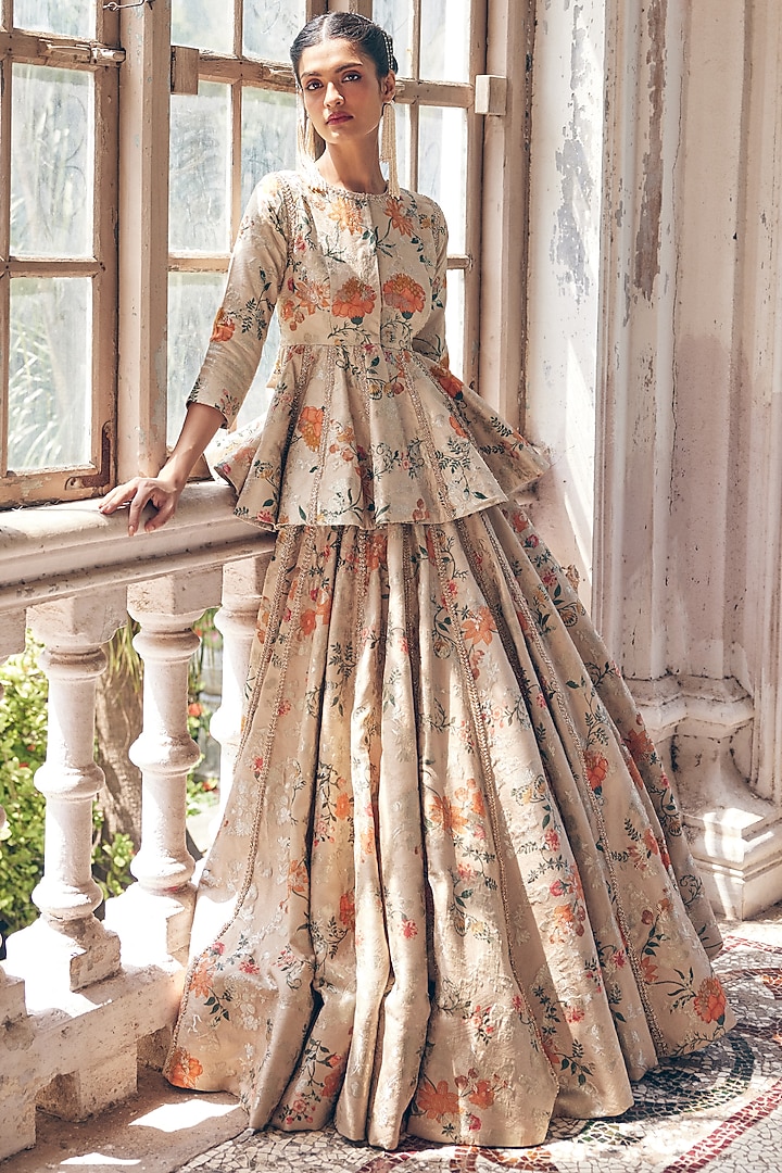 Chikoo Color Russian Jacquard Self Woven Printed & Hand Embroidered Wedding Lehenga Set by Paulmi & Harsh at Pernia's Pop Up Shop