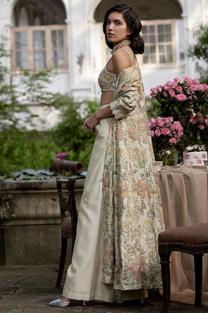 Ivory Chiniya Silk Floral Printed Jacket Set by Paulmi & Harsh at Pernia's Pop Up Shop