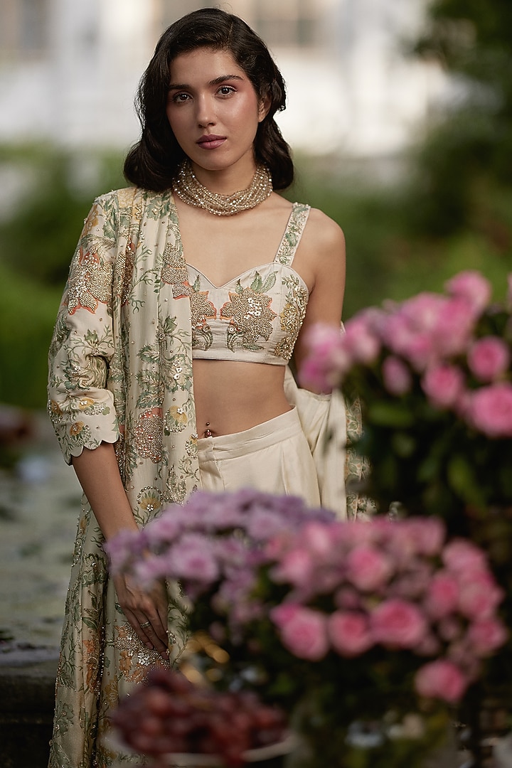 Ivory Chiniya Silk Floral Printed Jacket Set by Paulmi & Harsh at Pernia's Pop Up Shop