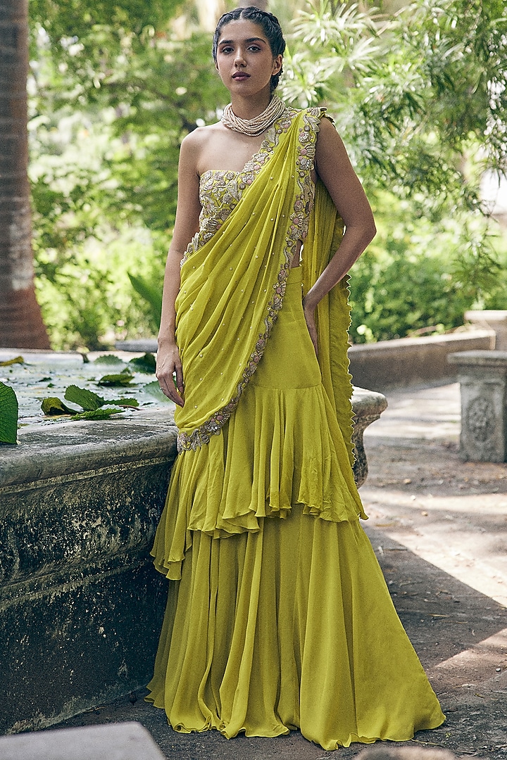 Lime Yellow Georgette Hand Embroidered Pre-Draped Saree Set by Paulmi & Harsh at Pernia's Pop Up Shop