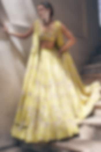 Lime Yellow Raw Silk Floral Printed & Hand Embroidered Bridal Lehenga Set by Paulmi & Harsh at Pernia's Pop Up Shop