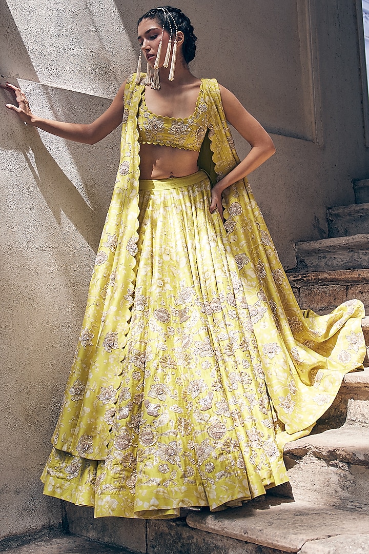 Lime Yellow Raw Silk Floral Printed & Hand Embroidered Bridal Lehenga Set by Paulmi & Harsh at Pernia's Pop Up Shop