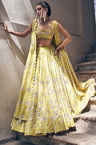 Lime Yellow Raw Silk Floral Printed & Hand Embroidered Lehenga Set by Paulmi & Harsh