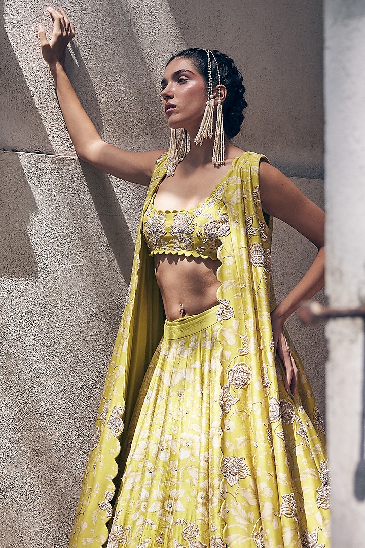 Lime Yellow Raw Silk Floral Printed & Hand Embroidered Bridal Lehenga Set by Paulmi & Harsh at Pernia's Pop Up Shop