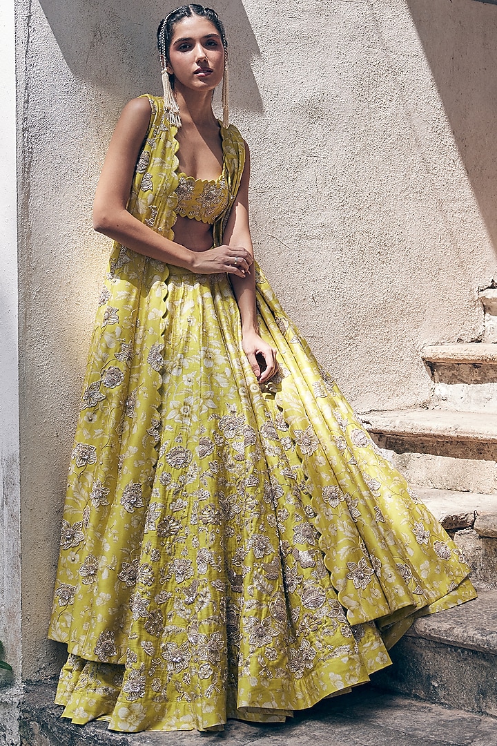 Lime Yellow Raw Silk Floral Printed & Hand Embroidered Bridal Lehenga Set by Paulmi & Harsh at Pernia's Pop Up Shop