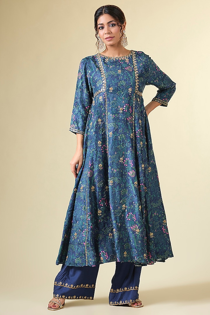 Navy Blue Self Woven Russian Jacquard Embroidered Kurta Set by Paulmi & Harsh at Pernia's Pop Up Shop
