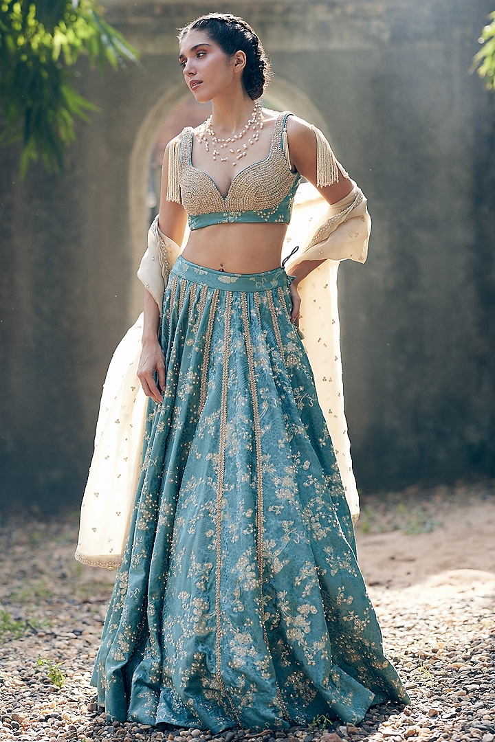 Ice Blue Russian Jacquard Embroidered Lehenga Set Design by Paulmi ...