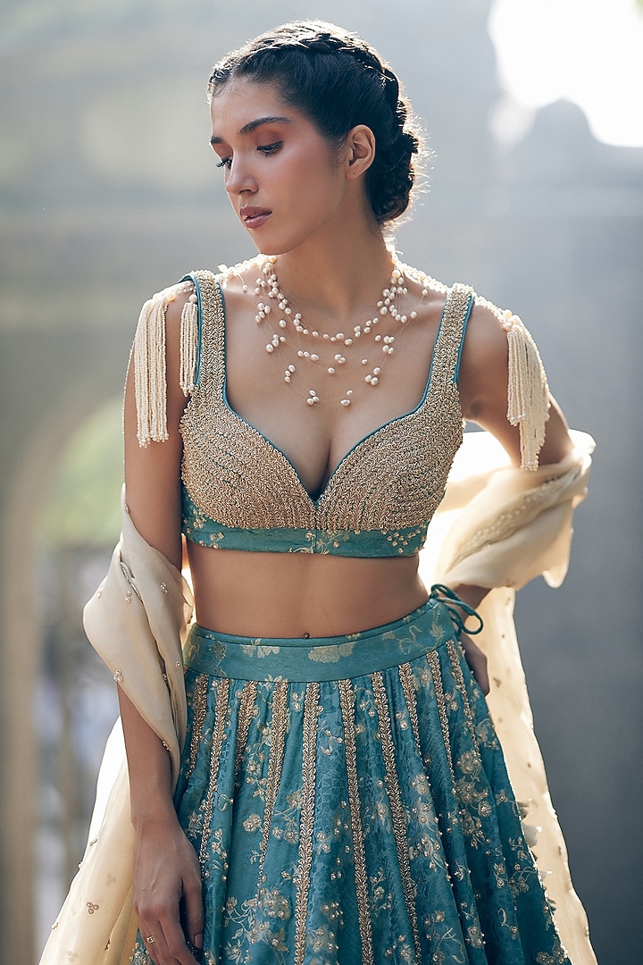 Ice Blue Russian Jacquard Embroidered Wedding Lehenga Set by Paulmi & Harsh at Pernia's Pop Up Shop