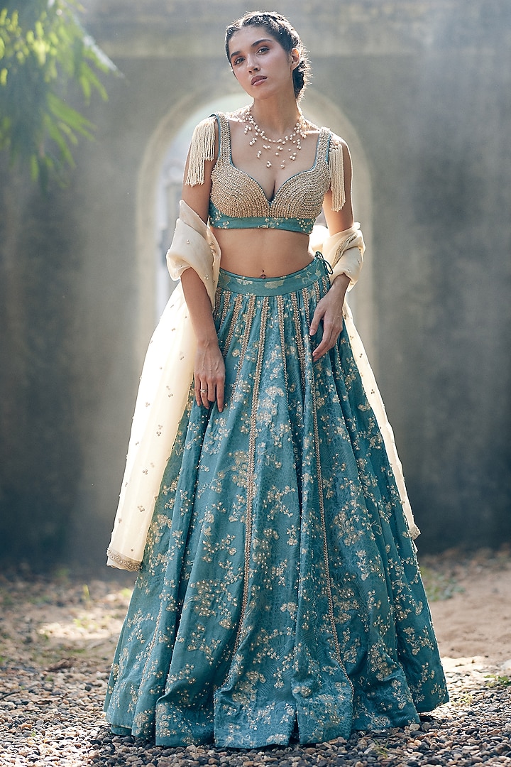 Ice Blue Russian Jacquard Embroidered Wedding Lehenga Set by Paulmi & Harsh at Pernia's Pop Up Shop