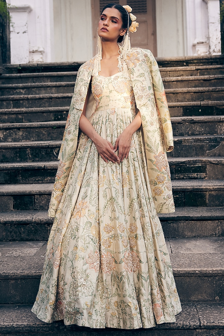 Ivory Chiniya Silk Floral Printed & Embroidered Bridal Anarkali Set by Paulmi & Harsh at Pernia's Pop Up Shop