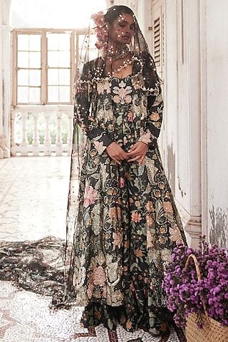 Black Chiniya Silk Floral Printed & Embroidered Jumpsuit With Overlay by Paulmi & Harsh