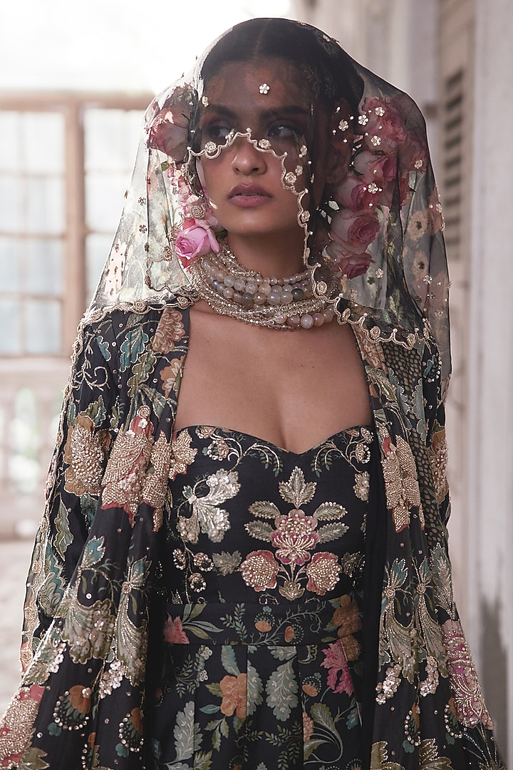 Black Chiniya Silk Floral Printed & Embroidered Jumpsuit With Overlay by Paulmi & Harsh at Pernia's Pop Up Shop