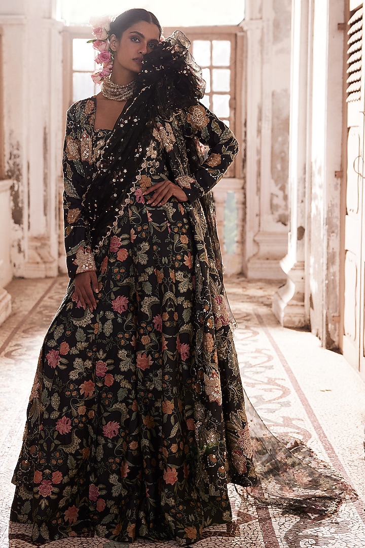 Black Chiniya Silk Floral Printed & Embroidered Jumpsuit With Overlay by Paulmi & Harsh at Pernia's Pop Up Shop