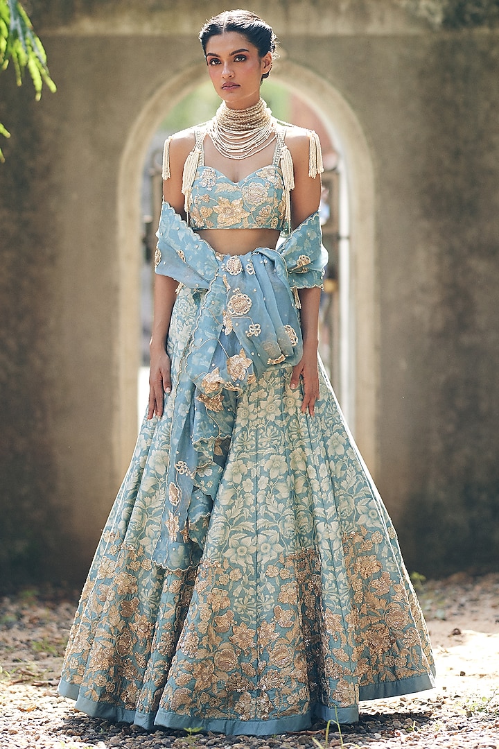 Ice Blue Chiniya Silk Floral Printed & Hand Embroidered Bridal Lehenga Set by Paulmi & Harsh at Pernia's Pop Up Shop