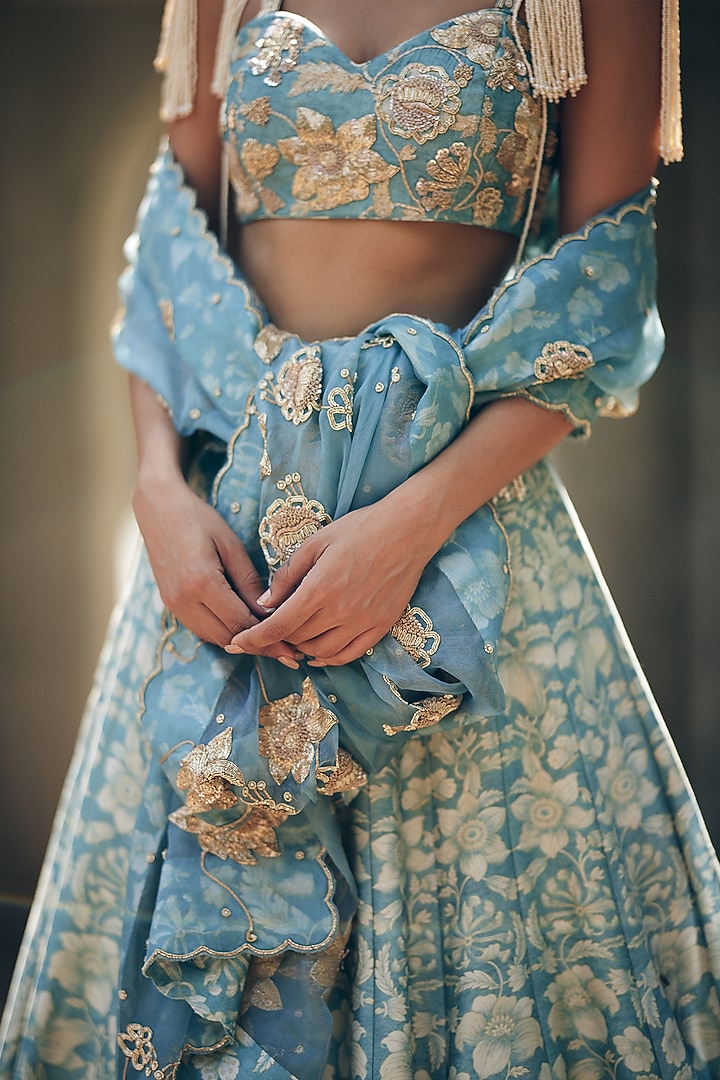 Ice Blue Chiniya Silk Floral Printed & Hand Embroidered Bridal Lehenga Set by Paulmi & Harsh at Pernia's Pop Up Shop