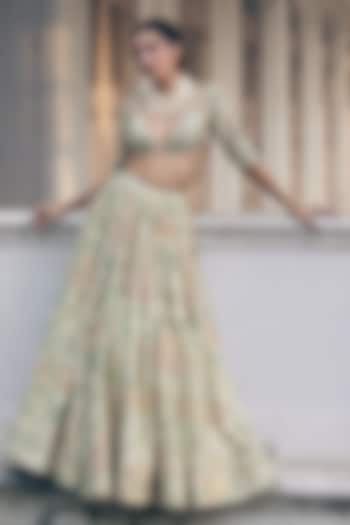Ivory Chiniya Silk Floral Printed & Embroidered Wedding Lehenga Set by Paulmi & Harsh at Pernia's Pop Up Shop