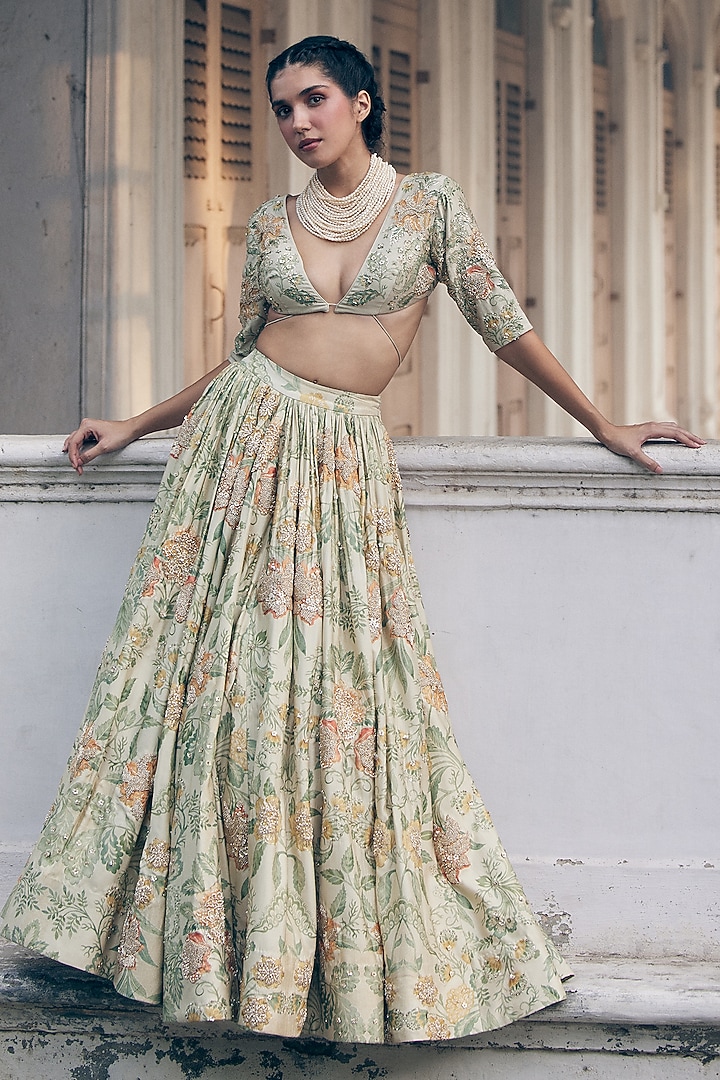 Ivory Chiniya Silk Floral Printed & Embroidered Wedding Lehenga Set by Paulmi & Harsh at Pernia's Pop Up Shop