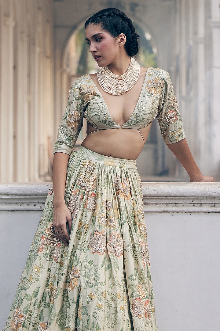 Ivory Chiniya Silk Floral Printed & Embroidered Wedding Lehenga Set by Paulmi & Harsh at Pernia's Pop Up Shop