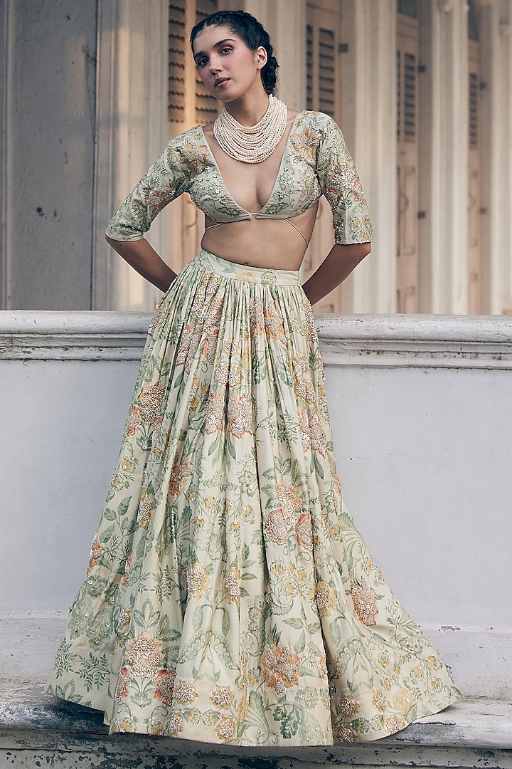 Ivory Chiniya Silk Floral Printed & Embroidered Wedding Lehenga Set by Paulmi & Harsh at Pernia's Pop Up Shop