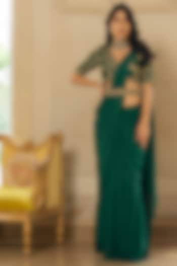 Emerald Green Georgette Pre-Stitched Saree Set by Paulmi & Harsh at Pernia's Pop Up Shop