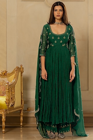 Emerald Green Mallie Chanderi Mirror Embroidered Kalidar Anarkali Set by Paulmi & Harsh